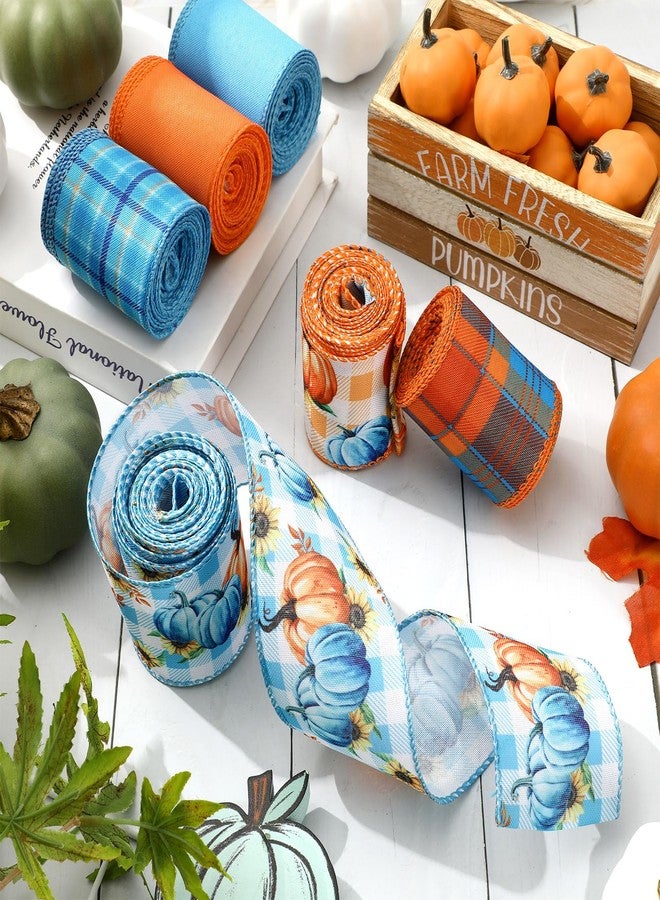 Whaline 6 Rolls Thanksgiving Fall Wired Edge Ribbon Blue Orange Pumpkin Plaid Craft Ribbon Decorative Fabric Ribbons for Autumn Thanksgiving DIY Crafts, 2.5In x 90Ft - Image 4